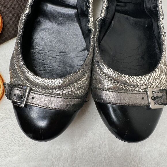 Tods Ballet Flats Black Mixed Media Cap Toe Buckle Scrunch 8.5 Classic Leather - Picture 2 of 10